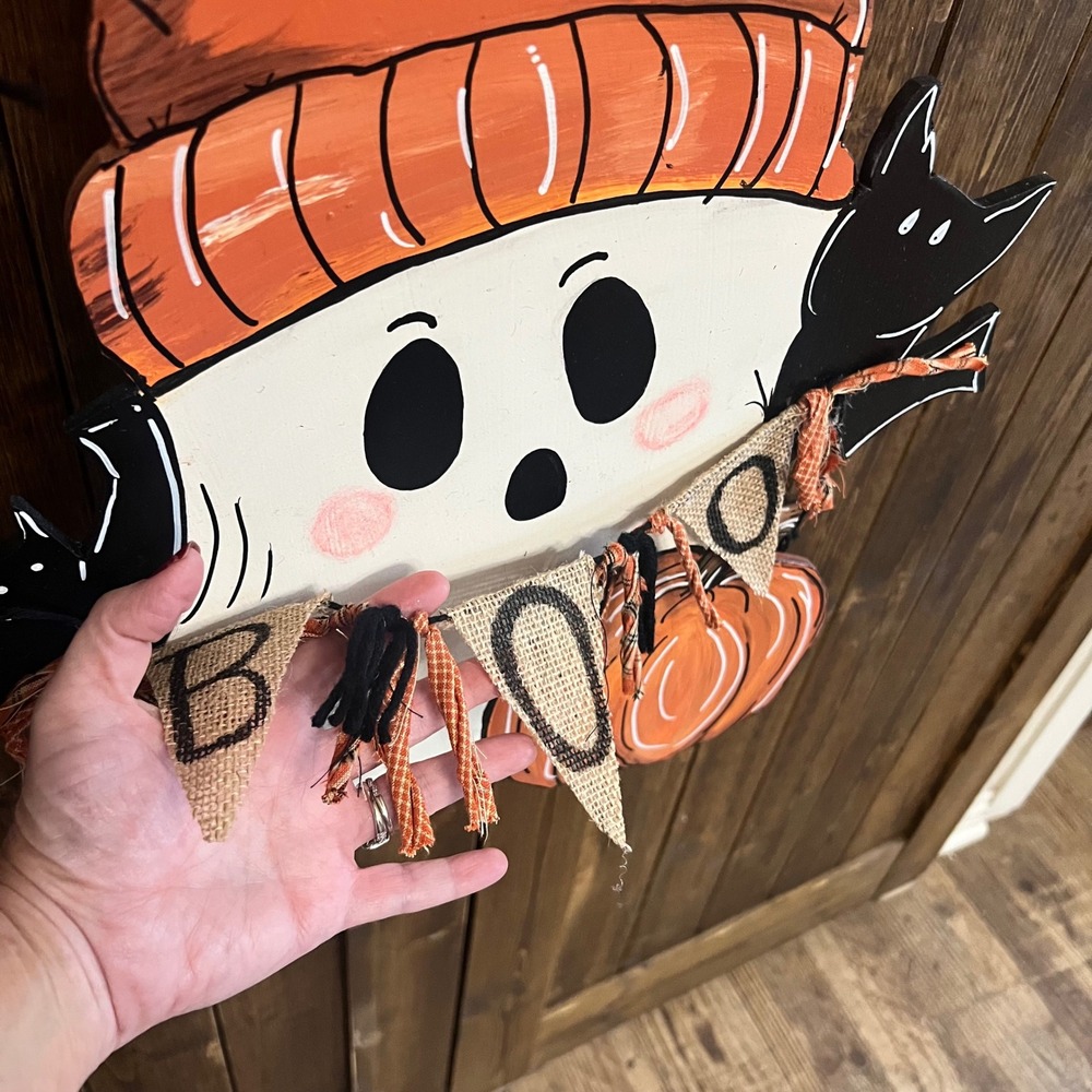 Halloween Ghost Wooden Door Hanger Boo Banner Pumpkin Bats Wall Decor 21x19 - Picture 9 of 11